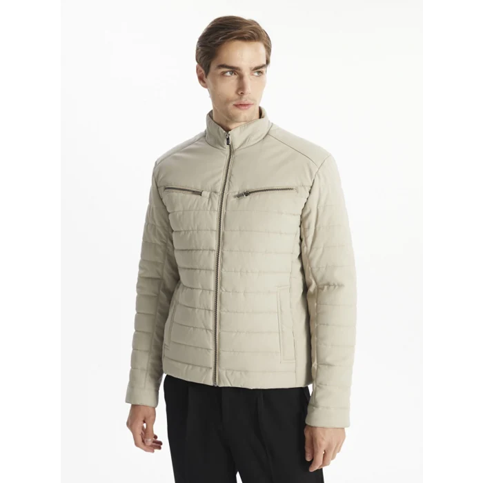 LCW Vision Bej Slim Fit Dik Yaka Erkek Deri Görünümlü Mont