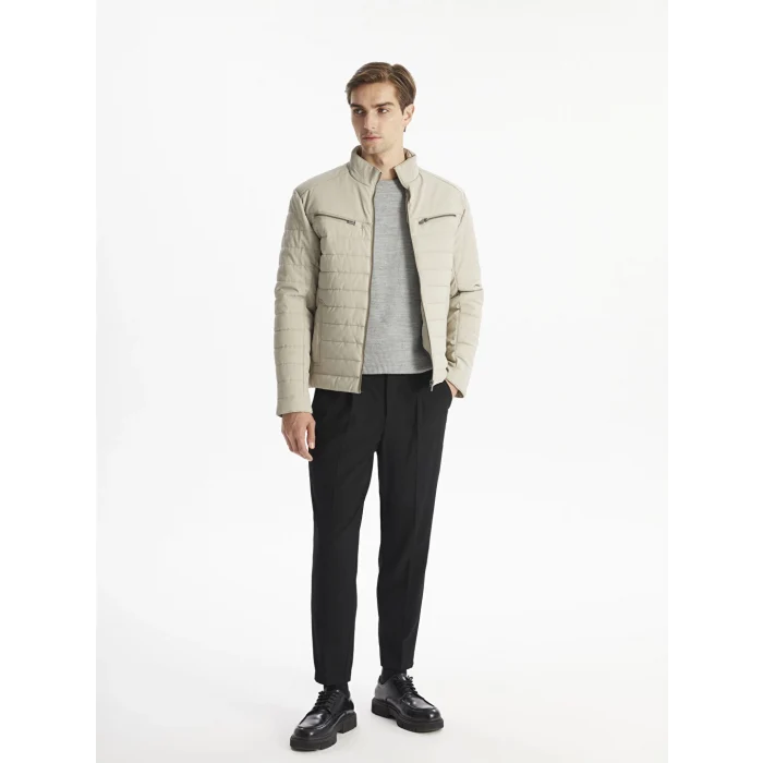 LCW Vision Bej Slim Fit Dik Yaka Erkek Deri Görünümlü Mont
