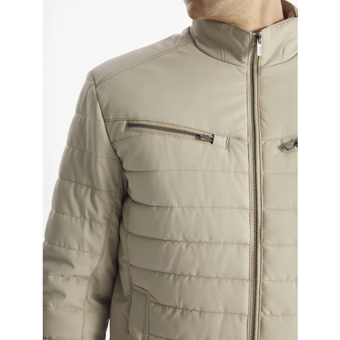LCW Vision Bej Slim Fit Dik Yaka Erkek Deri Görünümlü Mont