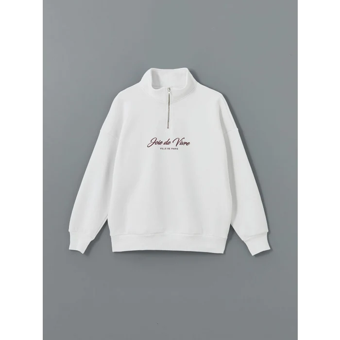 LCW Vision Beyaz Dik Yaka Baskılı Oversize Kadın Kalın Sweatshirt