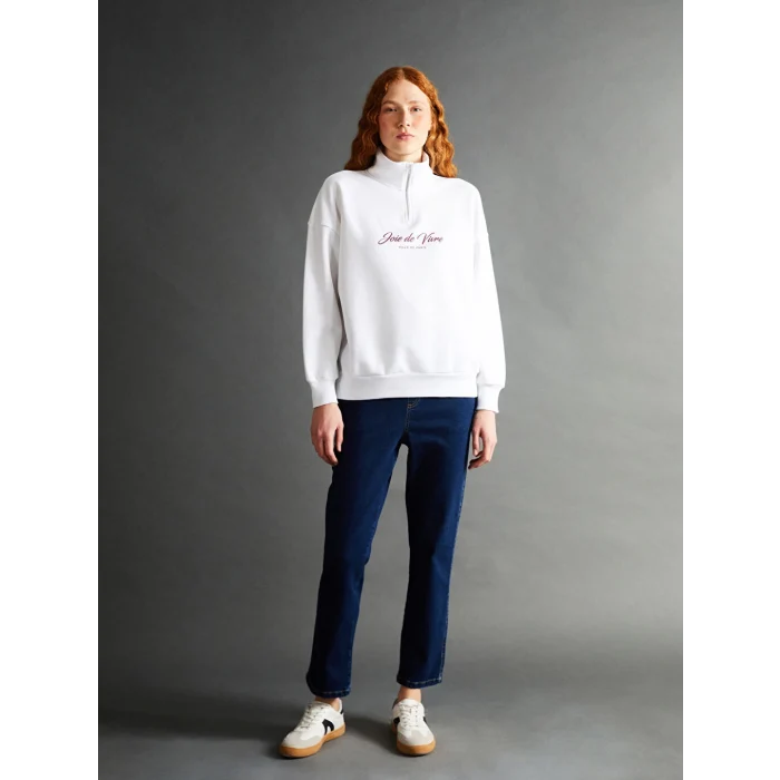 LCW Vision Beyaz Dik Yaka Baskılı Oversize Kadın Kalın Sweatshirt