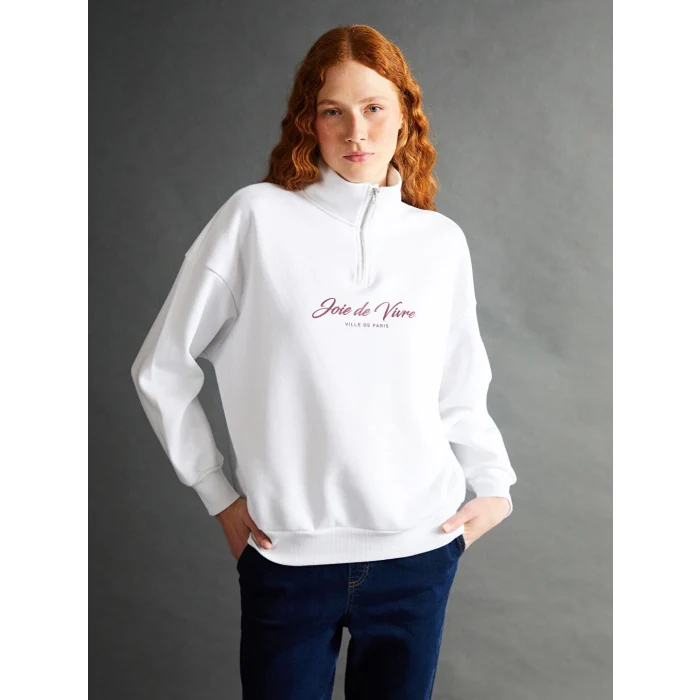 LCW Vision Beyaz Dik Yaka Baskılı Oversize Kadın Kalın Sweatshirt