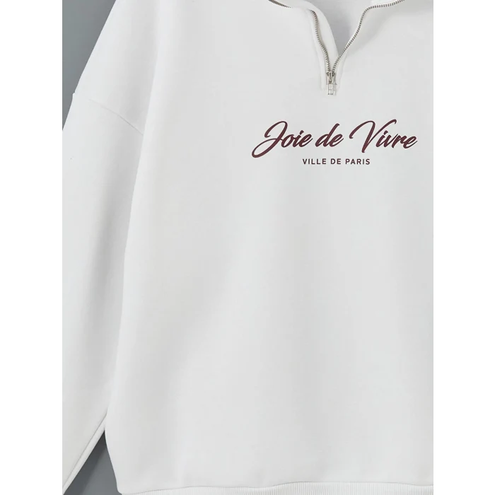 LCW Vision Beyaz Dik Yaka Baskılı Oversize Kadın Kalın Sweatshirt