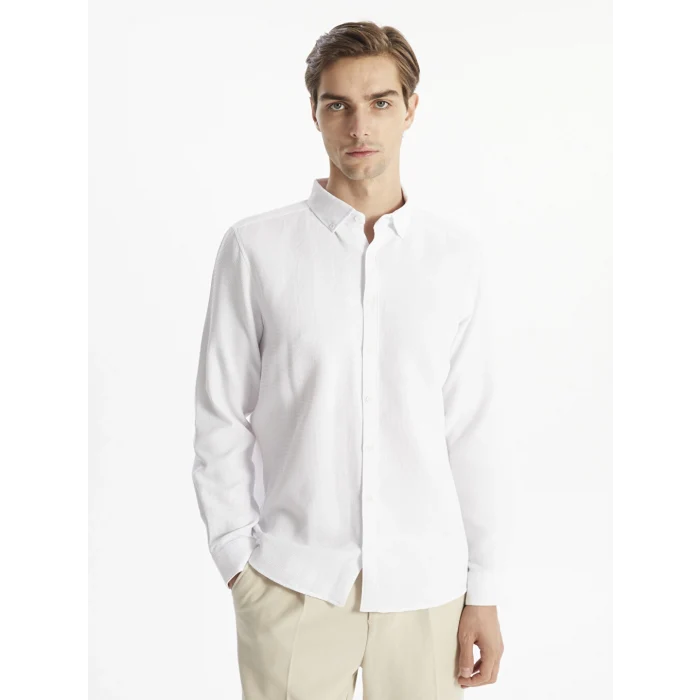 LCW Vision Beyaz Slim Fit Uzun Kollu Armürlü Erkek Dokulu Gömlek