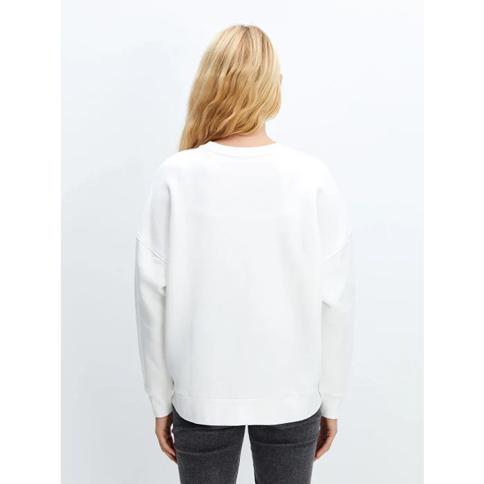 LCW Vision Ekru Bisiklet Yaka Baskılı Oversize Kadın Kalın Sweatshirt