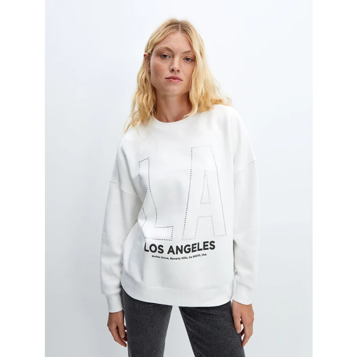 LCW Vision Ekru Bisiklet Yaka Baskılı Oversize Kadın Kalın Sweatshirt