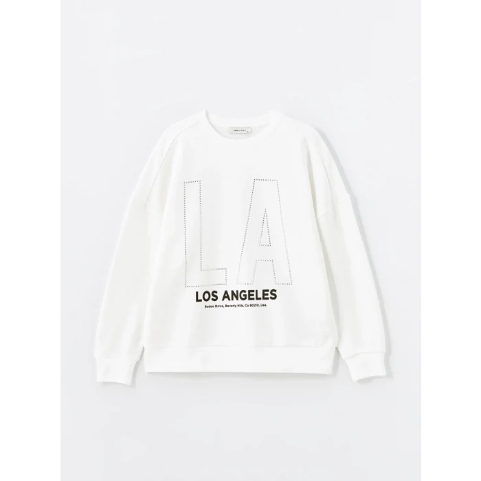 LCW Vision Ekru Bisiklet Yaka Baskılı Oversize Kadın Kalın Sweatshirt