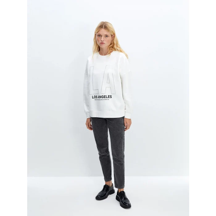 LCW Vision Ekru Bisiklet Yaka Baskılı Oversize Kadın Kalın Sweatshirt