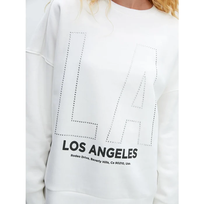 LCW Vision Ekru Bisiklet Yaka Baskılı Oversize Kadın Kalın Sweatshirt