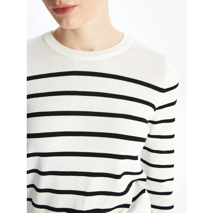 LCW Vision Ekru Bisiklet Yaka Çizgili Uzun Kollu Kadın Triko Kazak