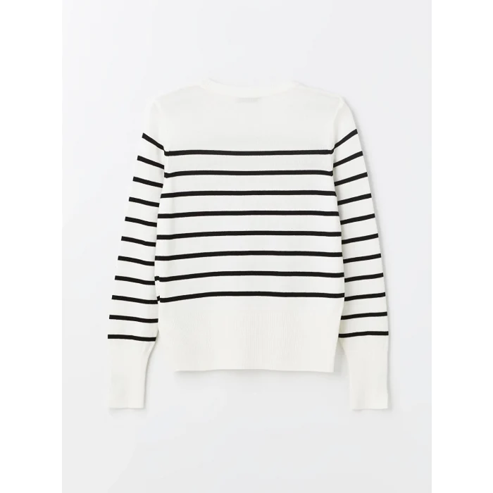 LCW Vision Ekru Bisiklet Yaka Çizgili Uzun Kollu Kadın Triko Kazak