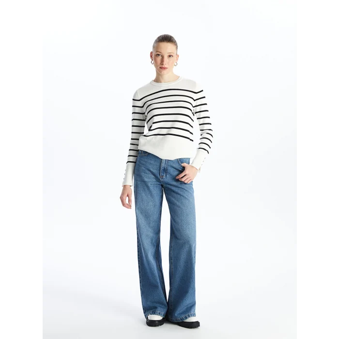 LCW Vision Ekru Bisiklet Yaka Çizgili Uzun Kollu Kadın Triko Kazak