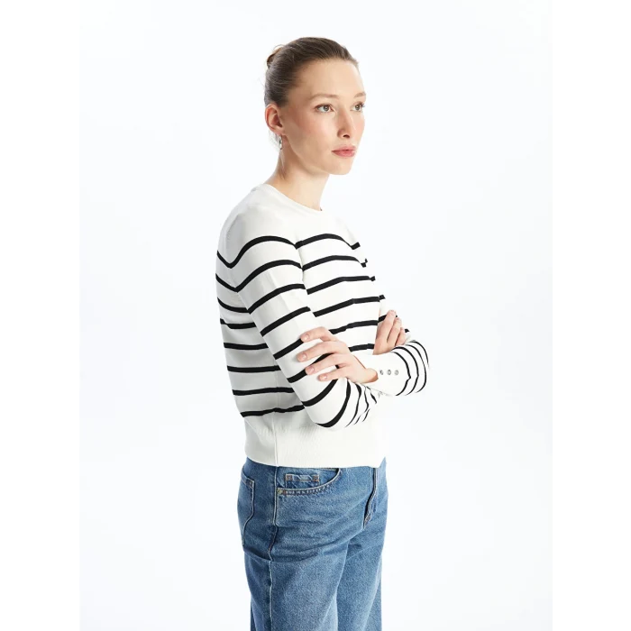 LCW Vision Ekru Bisiklet Yaka Çizgili Uzun Kollu Kadın Triko Kazak