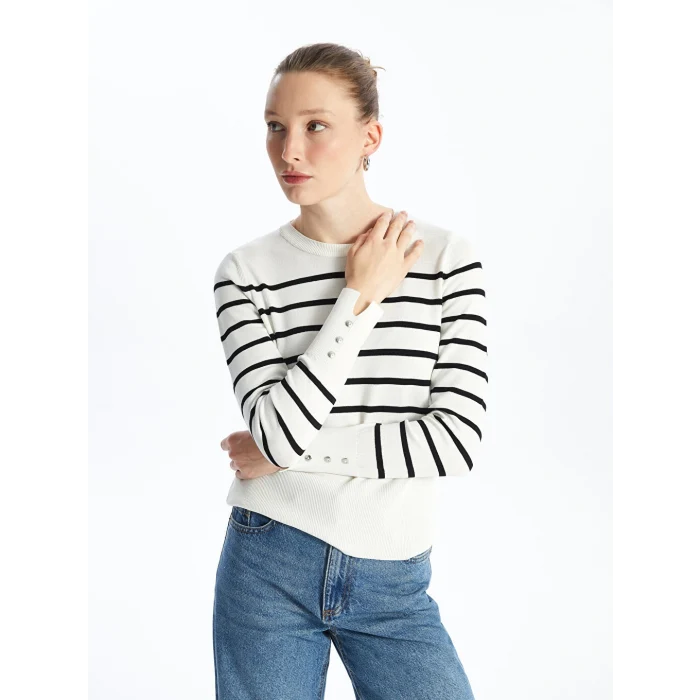 LCW Vision Ekru Bisiklet Yaka Çizgili Uzun Kollu Kadın Triko Kazak