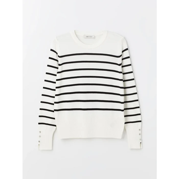 LCW Vision Ekru Bisiklet Yaka Çizgili Uzun Kollu Kadın Triko Kazak