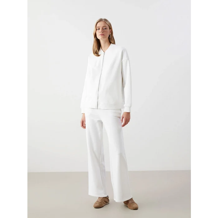 LCW Vision Ekru Kolej Yaka Oversize Kadın Fermuarlı Sweatshirt