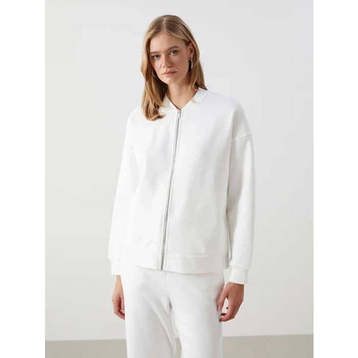 LCW Vision Ekru Kolej Yaka Oversize Kadın Fermuarlı Sweatshirt