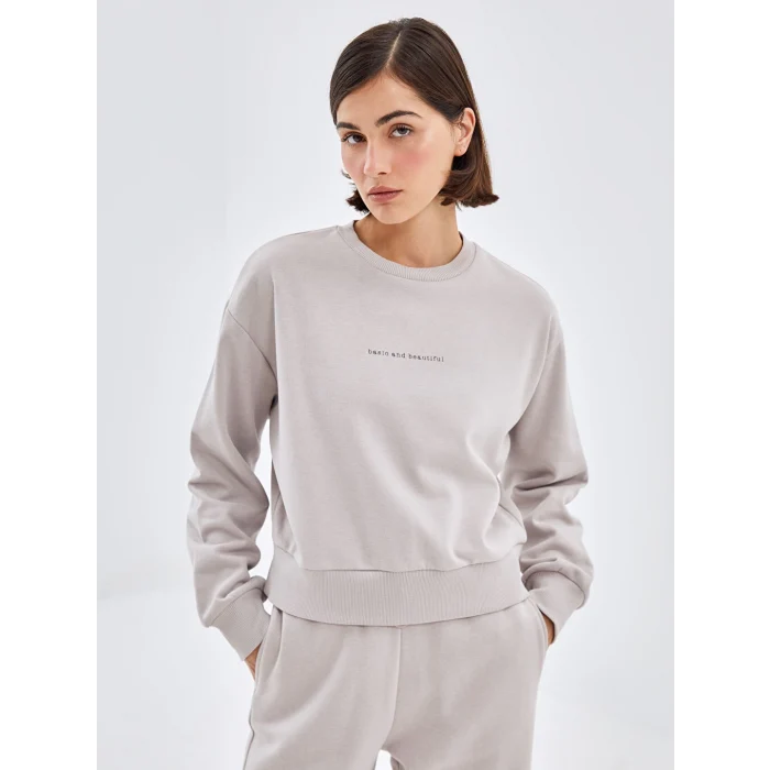 LCW Vision Gri Bisiklet Yaka Baskılı Oversize Kadın Kalın Sweatshirt