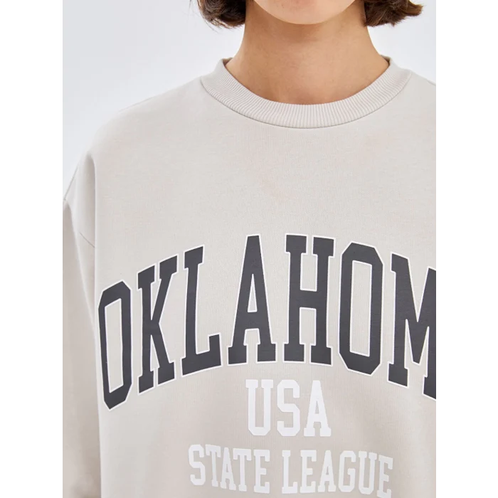 LCW Vision Gri Bisiklet Yaka Baskılı Oversize Kadın Kalın Sweatshirt