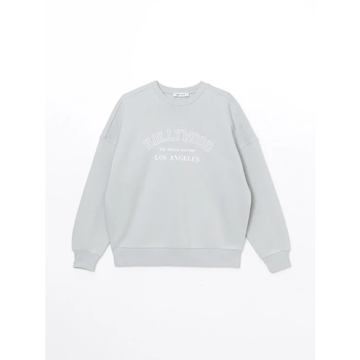 LCW Vision Gri Bisiklet Yaka Baskılı Oversize Kadın Kalın Sweatshirt