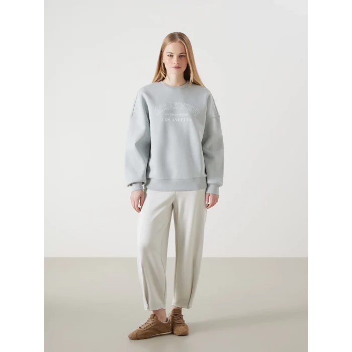 LCW Vision Gri Bisiklet Yaka Baskılı Oversize Kadın Kalın Sweatshirt