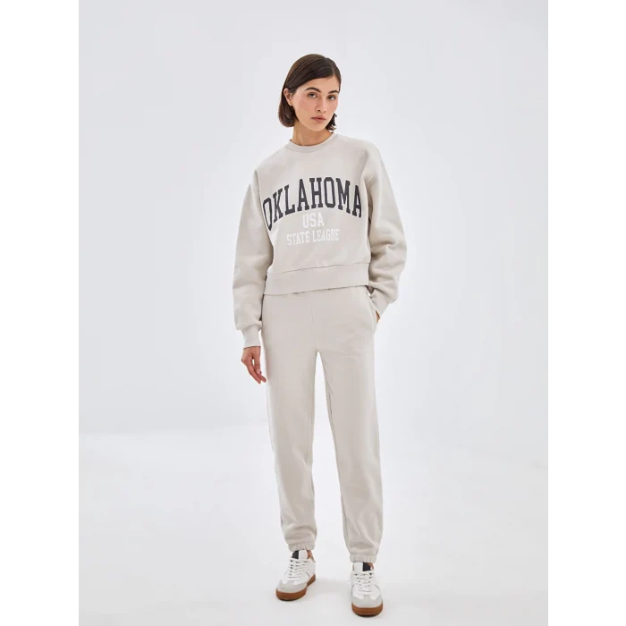 LCW Vision Gri Bisiklet Yaka Baskılı Oversize Kadın Kalın Sweatshirt