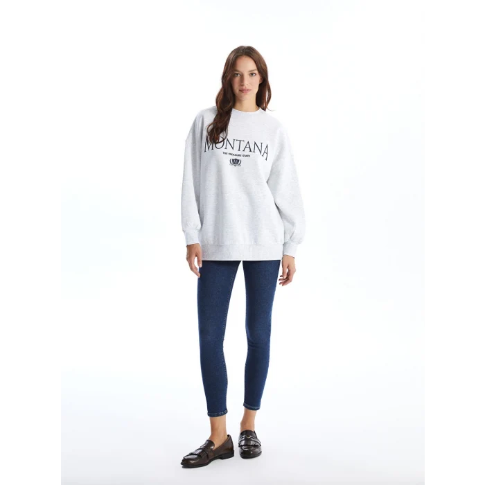LCW Vision Gri Bisiklet Yaka Baskılı Oversize Kadın Kalın Sweatshirt
