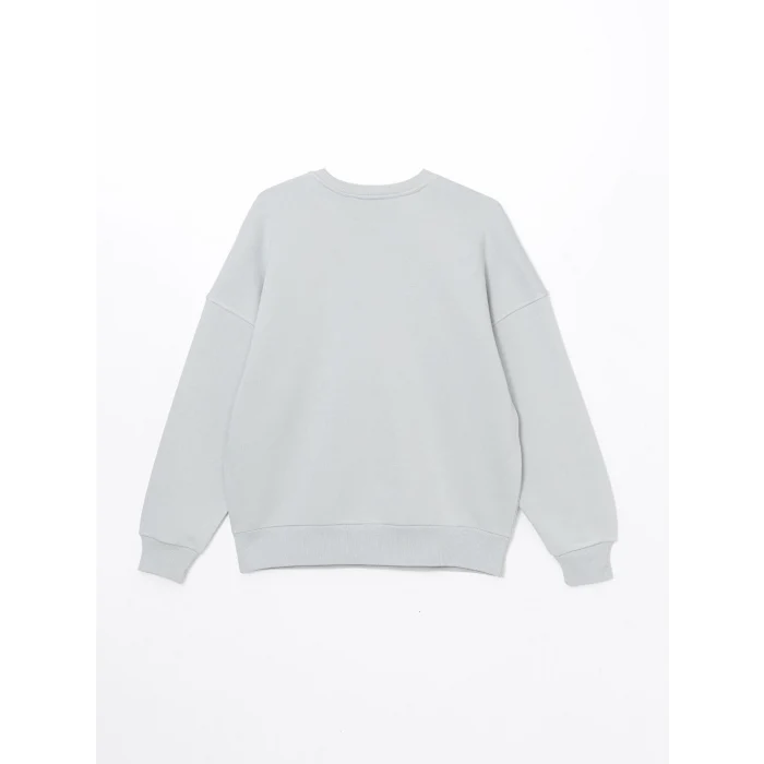 LCW Vision Gri Bisiklet Yaka Baskılı Oversize Kadın Kalın Sweatshirt