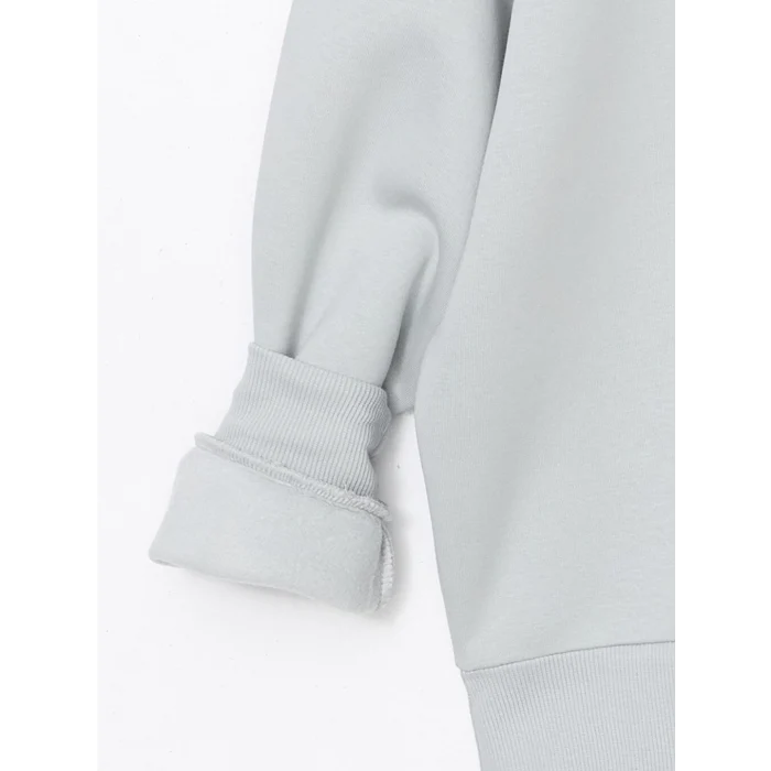 LCW Vision Gri Bisiklet Yaka Baskılı Oversize Kadın Kalın Sweatshirt