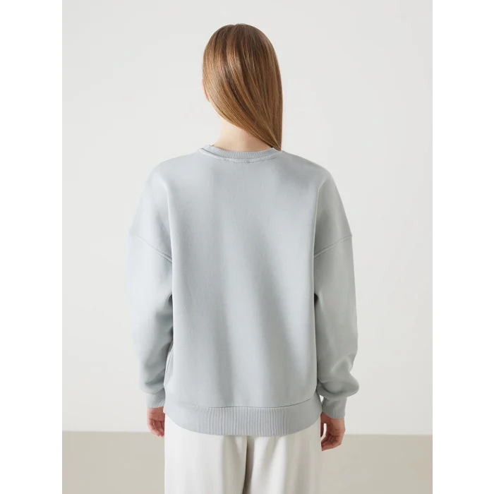 LCW Vision Gri Bisiklet Yaka Baskılı Oversize Kadın Kalın Sweatshirt