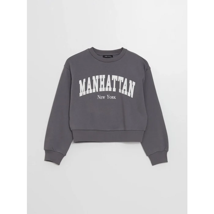 LCW Vision Gri Bisiklet Yaka Baskılı Oversize Kadın Kalın Sweatshirt