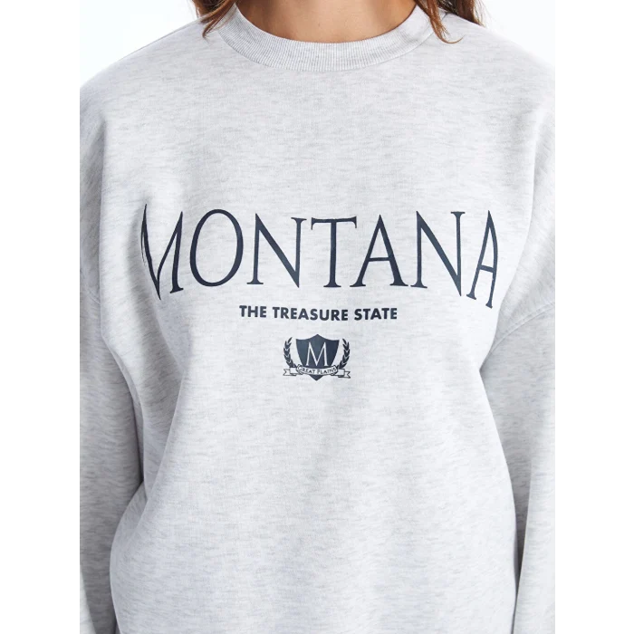 LCW Vision Gri Bisiklet Yaka Baskılı Oversize Kadın Kalın Sweatshirt