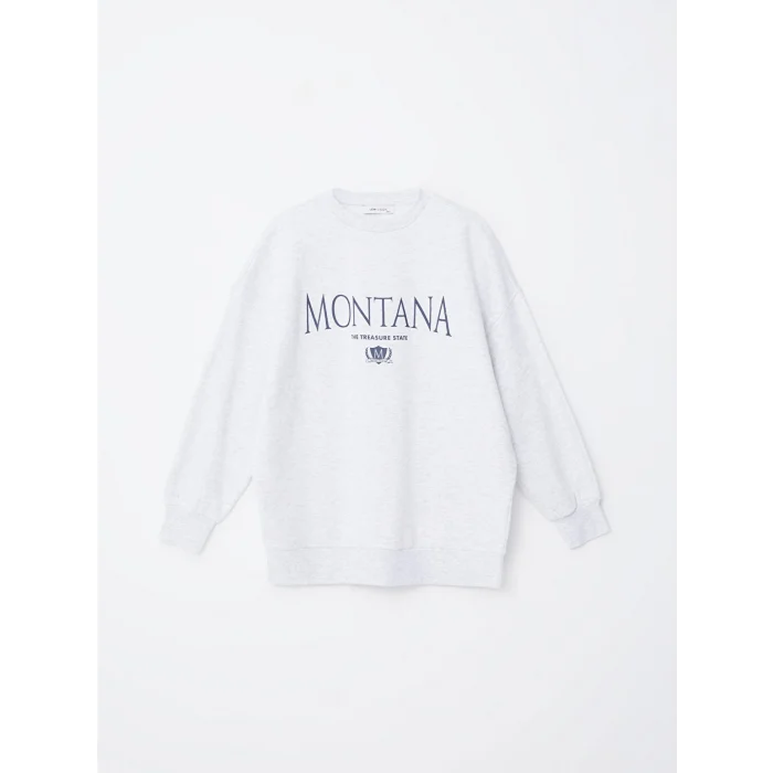 LCW Vision Gri Bisiklet Yaka Baskılı Oversize Kadın Kalın Sweatshirt