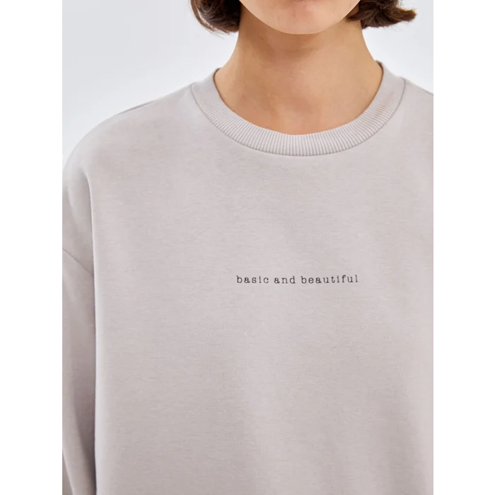 LCW Vision Gri Bisiklet Yaka Baskılı Oversize Kadın Kalın Sweatshirt