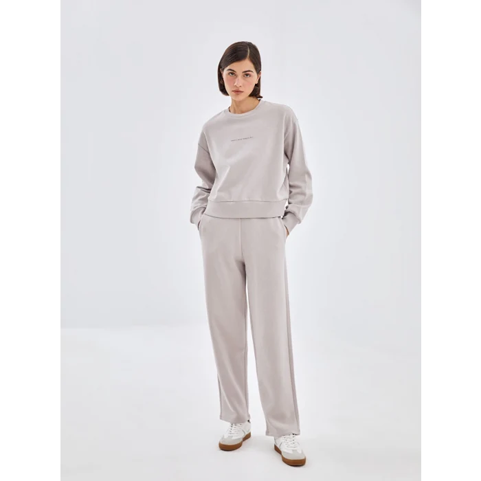 LCW Vision Gri Bisiklet Yaka Baskılı Oversize Kadın Kalın Sweatshirt