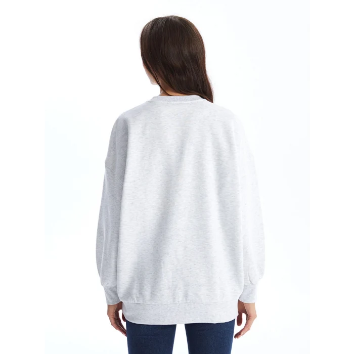 LCW Vision Gri Bisiklet Yaka Baskılı Oversize Kadın Kalın Sweatshirt