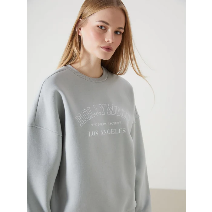 LCW Vision Gri Bisiklet Yaka Baskılı Oversize Kadın Kalın Sweatshirt