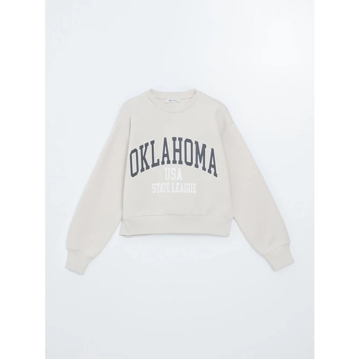 LCW Vision Gri Bisiklet Yaka Baskılı Oversize Kadın Kalın Sweatshirt