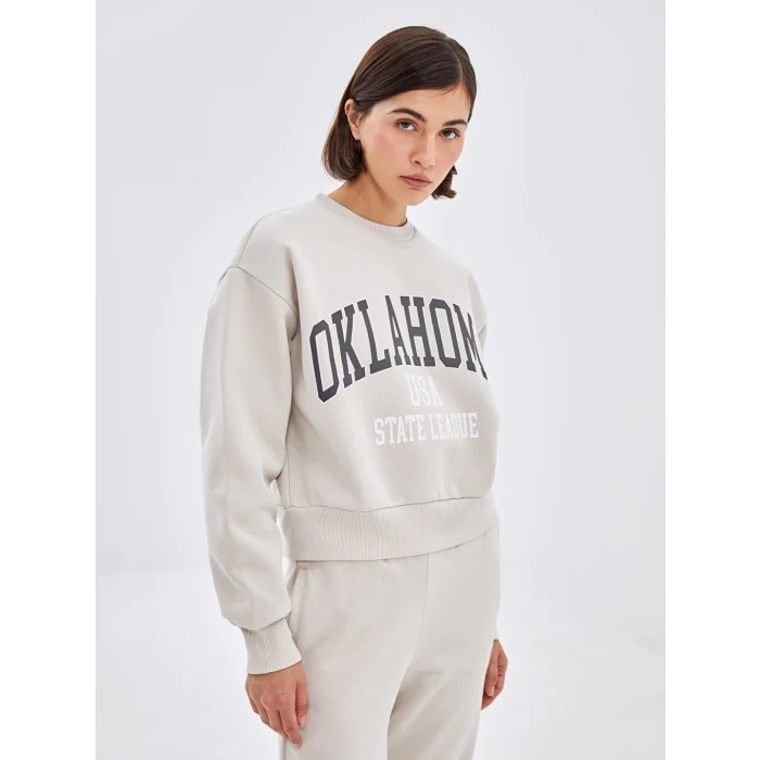 LCW Vision Gri Bisiklet Yaka Baskılı Oversize Kadın Kalın Sweatshirt