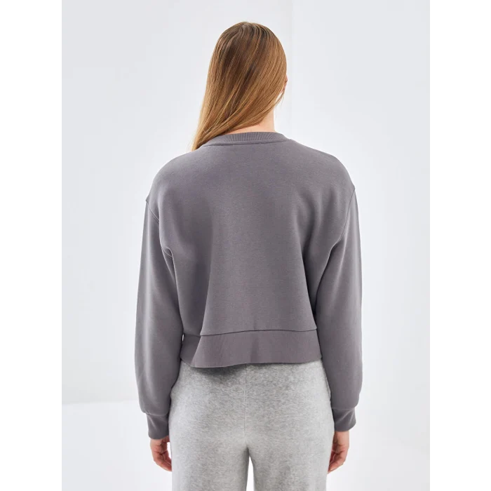 LCW Vision Gri Bisiklet Yaka Baskılı Oversize Kadın Kalın Sweatshirt