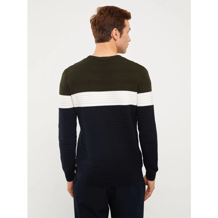 LCW Vision Haki Bisiklet Yaka Uzun Kollu Renk Bloklu Erkek Triko Kazak