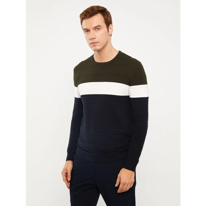 LCW Vision Haki Bisiklet Yaka Uzun Kollu Renk Bloklu Erkek Triko Kazak