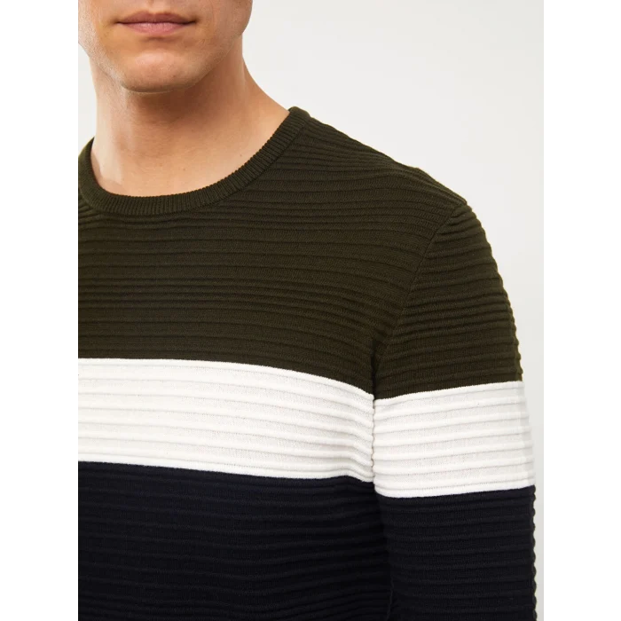 LCW Vision Haki Bisiklet Yaka Uzun Kollu Renk Bloklu Erkek Triko Kazak