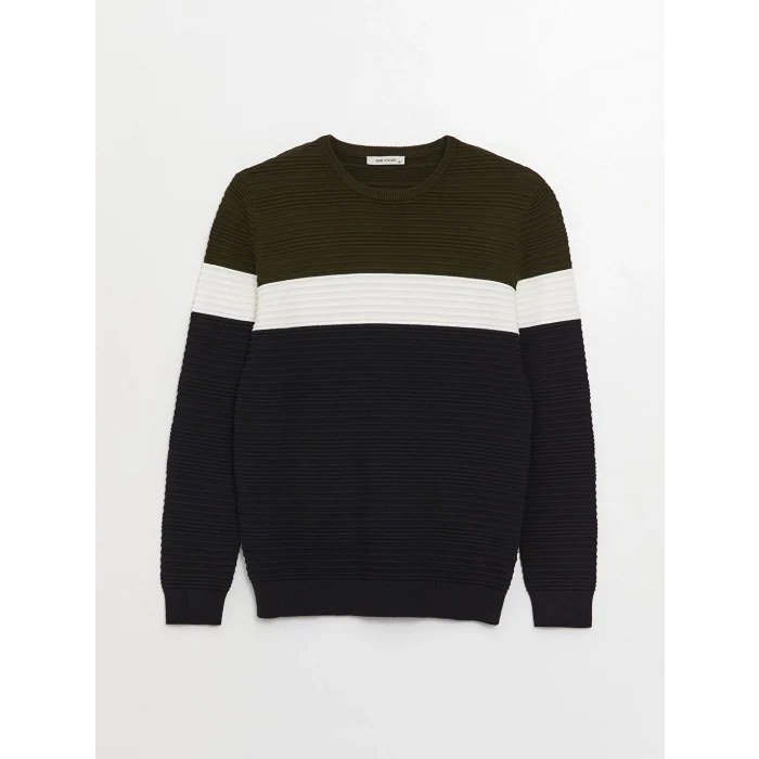 LCW Vision Haki Bisiklet Yaka Uzun Kollu Renk Bloklu Erkek Triko Kazak