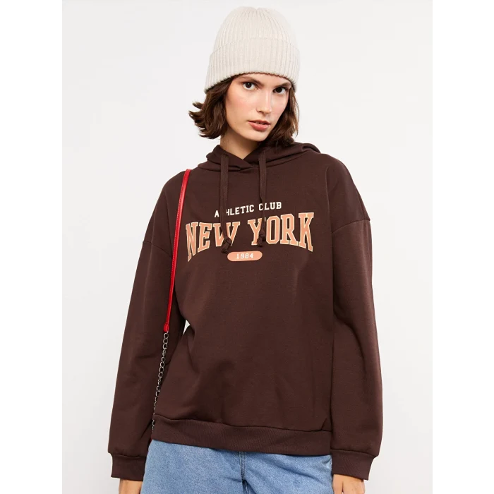 LCW Vision Kahverengi Baskılı Kadın Kalın Hoodie