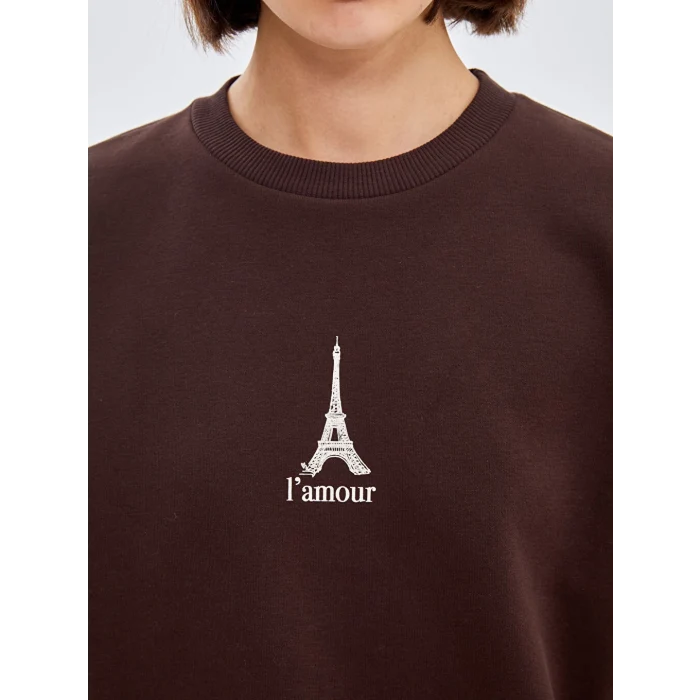 LCW Vision Kahverengi Bisiklet Yaka Nakışlı Oversize Kadın Sweatshirt