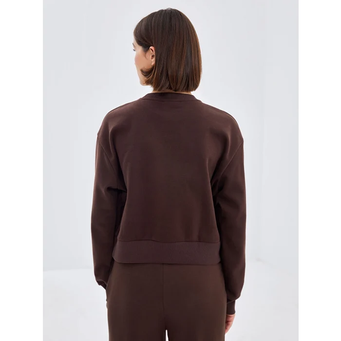 LCW Vision Kahverengi Bisiklet Yaka Nakışlı Oversize Kadın Sweatshirt