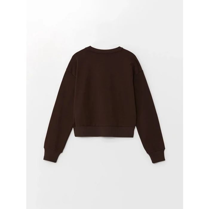 LCW Vision Kahverengi Bisiklet Yaka Nakışlı Oversize Kadın Sweatshirt