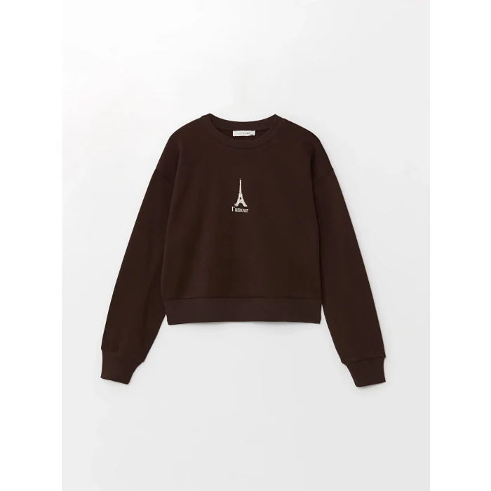 LCW Vision Kahverengi Bisiklet Yaka Nakışlı Oversize Kadın Sweatshirt