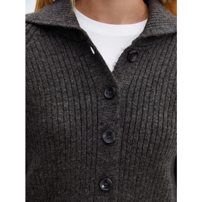 LCW Vision Kahverengi Ceket Yaka Dokulu Kadın Triko Hırka